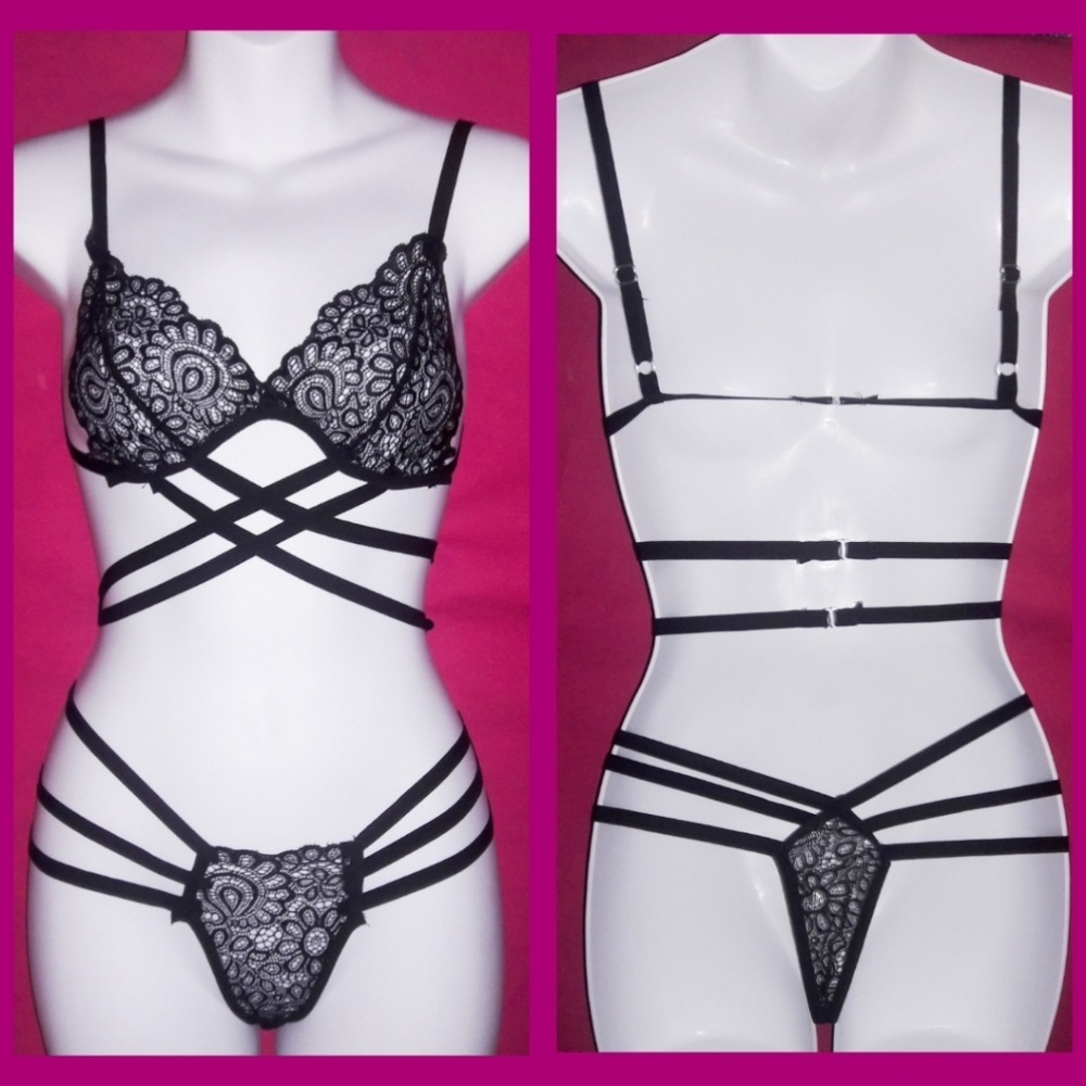 Black Lace Strappy Criss Cross Bralette Panty Set! - Picture 3 of 6